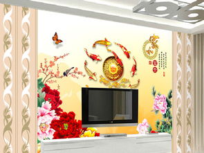 花纹边框家和富贵九鱼图背景墙壁画壁纸效果图——第三墙精选